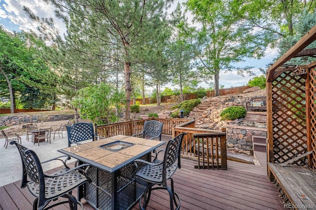 7506 Urban Ct, Arvada, CO 80005 - wooden deck with outdoor dining space, a fenced backyard, and an outdoor fire pit
