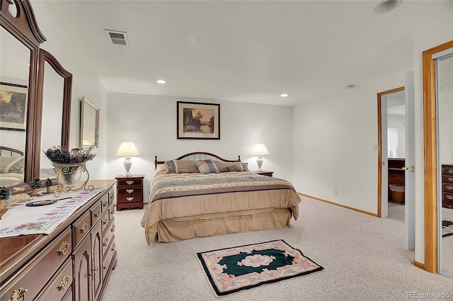 bedroom featuring light carpet, recessed lighting, visible vents, and baseboards