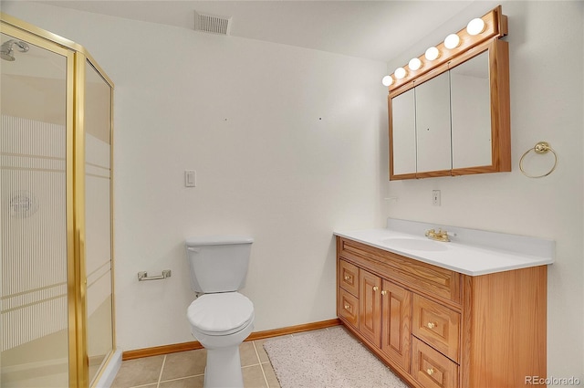 full bathroom with tile patterned flooring, toilet, vanity, visible vents, and a stall shower