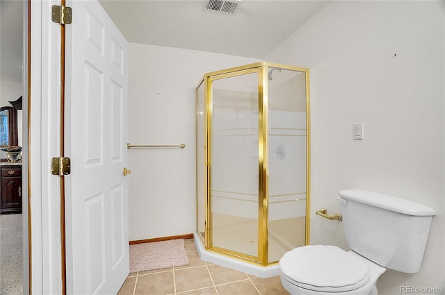 bathroom with visible vents, a shower stall, toilet, and tile patterned floors