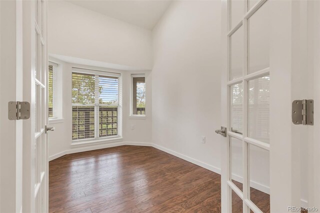 unfurnished room featuring lofted ceiling and dark wood-type flooring