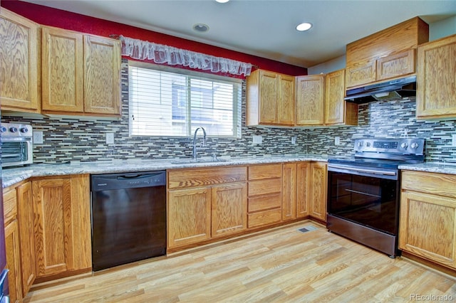 kitchen with electric stove, light wood finished floors, a sink, dishwasher, and under cabinet range hood