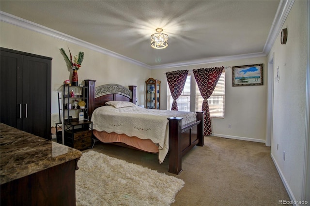 bedroom with baseboards, crown molding, and light colored carpet