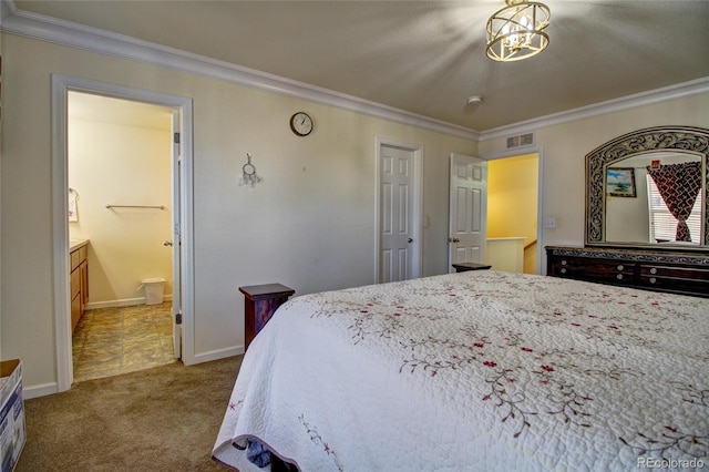 bedroom with ensuite bathroom, carpet flooring, visible vents, baseboards, and ornamental molding