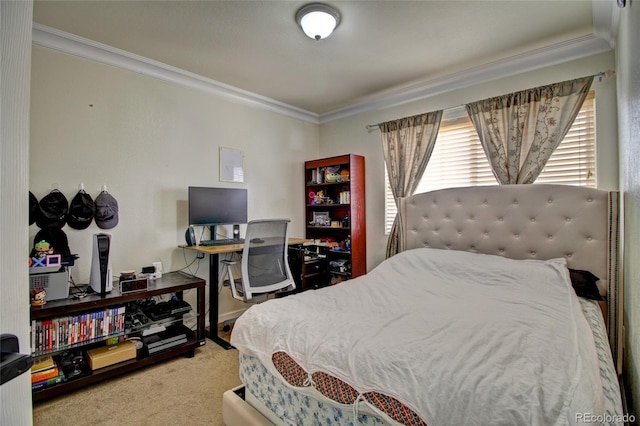 carpeted bedroom featuring crown molding