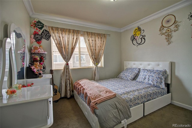 carpeted bedroom featuring ornamental molding and baseboards