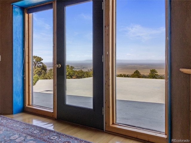 551 Panorama Way, Crestone, CO 81131 - doorway to outside featuring wood finished floors