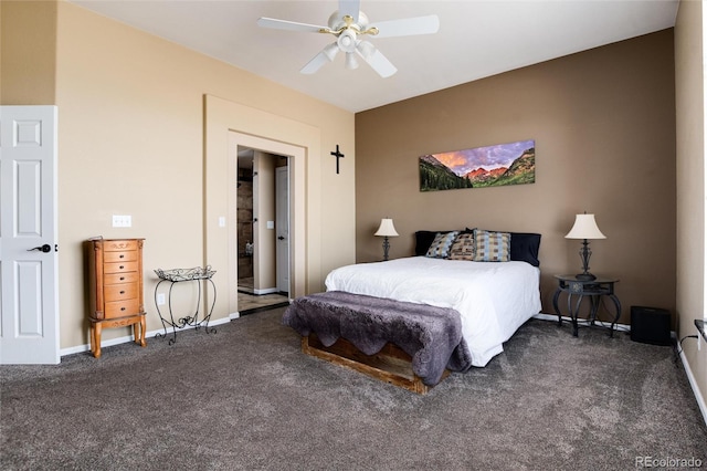 bedroom with carpet floors, baseboards, and a ceiling fan