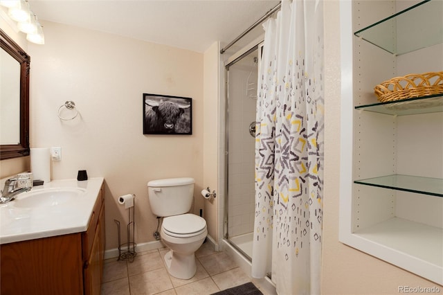 full bath featuring a stall shower, tile patterned flooring, toilet, vanity, and baseboards