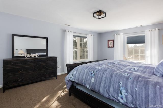 carpeted bedroom with multiple windows