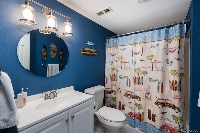 bathroom with walk in shower, vanity, and toilet