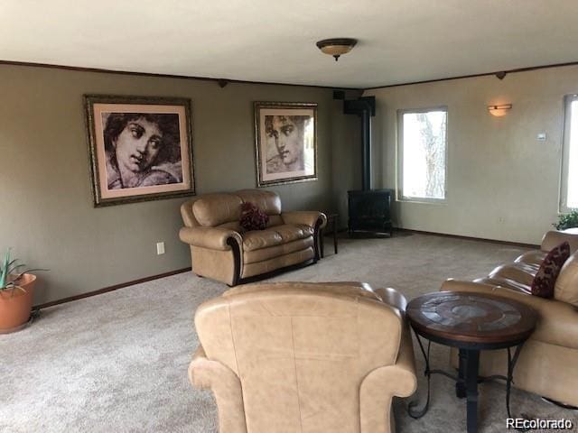 carpeted living room featuring a wood stove