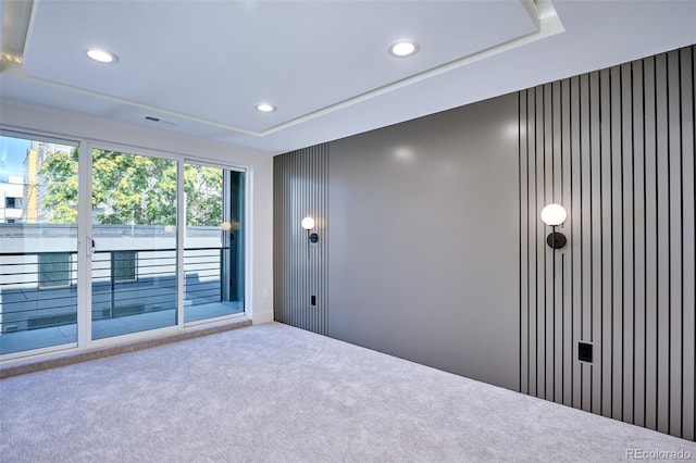 empty room featuring carpet and a tray ceiling