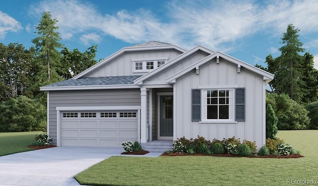 view of front of home featuring driveway, roof with shingles, an attached garage, a front lawn, and board and batten siding