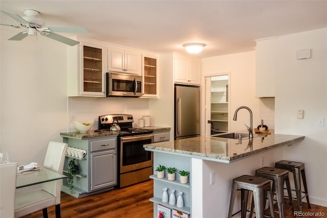 827 Maxwell Ave Unit H, Boulder, CO 80304 - kitchen featuring appliances with stainless steel finishes, a peninsula, a sink, a kitchen breakfast bar, and backsplash