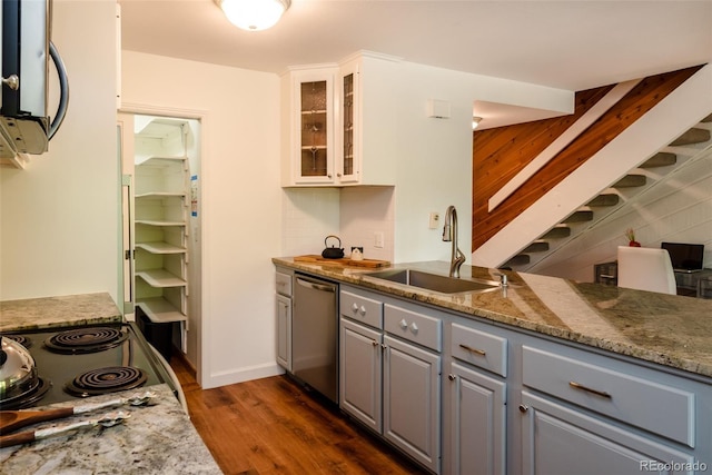 827 Maxwell Ave Unit H, Boulder, CO 80304 - kitchen featuring dishwasher, gray cabinets, a sink, dark wood finished floors, and glass insert cabinets