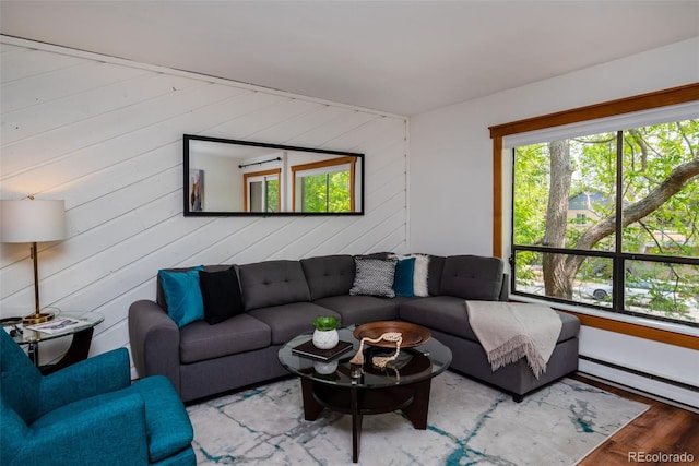 827 Maxwell Ave Unit H, Boulder, CO 80304 - living area with baseboard heating, wood finished floors, and wooden walls