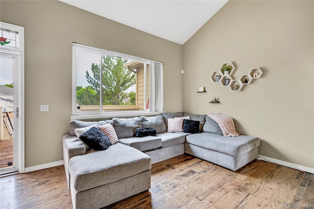 1099 S Walden Way Unit 205, Aurora, CO 80017 - living room featuring wood-type flooring, vaulted ceiling, and healthy amount of natural light