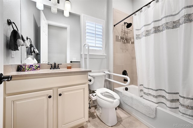 bathroom featuring tile patterned flooring, shower / bathtub combination with curtain, toilet, and vanity