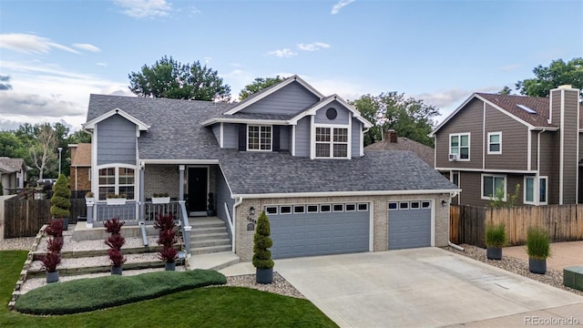 6888 Howell St, Arvada, CO 80004 - view of front of home featuring concrete driveway, brick siding, a shingled roof, a porch, and an attached garage
