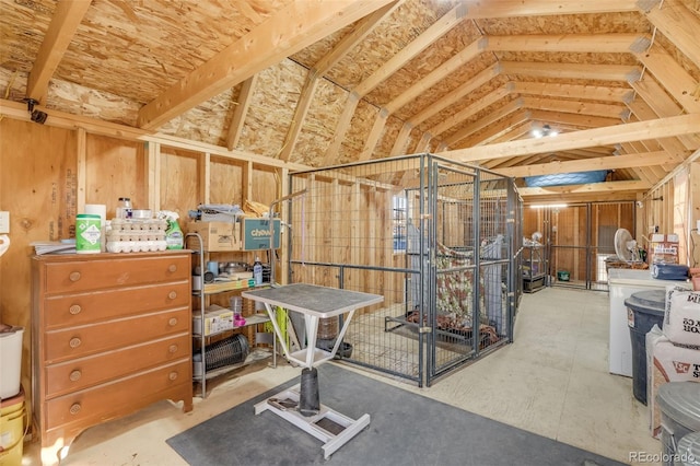 exercise room featuring lofted ceiling