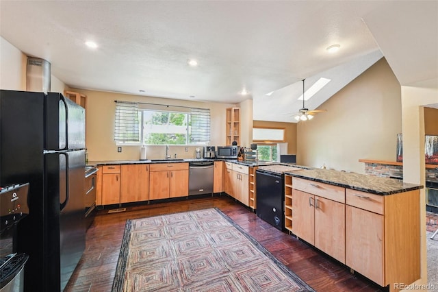 10525 Hobbit Ln, Westminster, CO 80031 - kitchen with appliances with stainless steel finishes, a peninsula, dark wood-style floors, light brown cabinets, and a ceiling fan