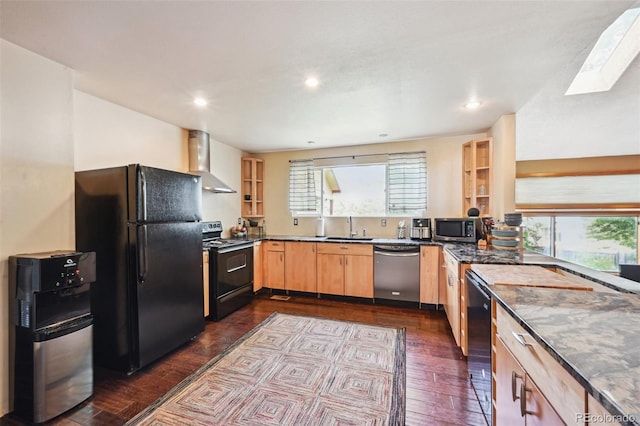 10525 Hobbit Ln, Westminster, CO 80031 - kitchen with black appliances, wall chimney exhaust hood, dark wood-style floors, open shelves, and light brown cabinets