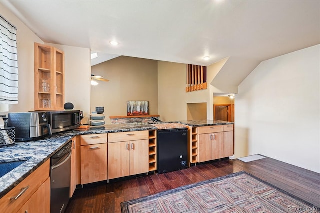 10525 Hobbit Ln, Westminster, CO 80031 - kitchen with stainless steel appliances, open shelves, dark wood finished floors, dark stone countertops, and a peninsula