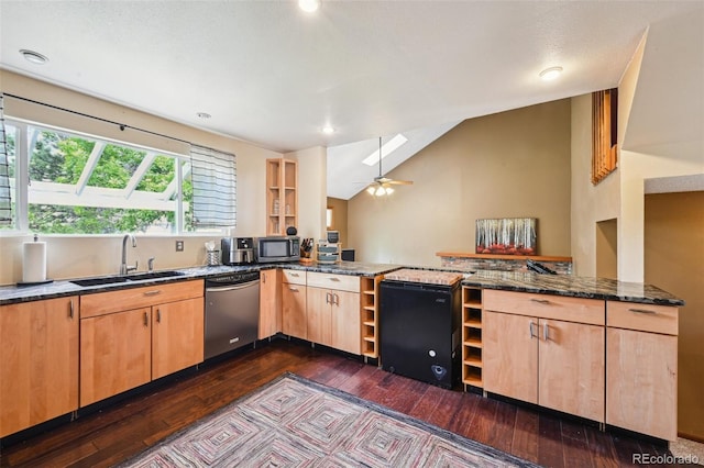 10525 Hobbit Ln, Westminster, CO 80031 - kitchen with appliances with stainless steel finishes, dark wood-type flooring, light brown cabinetry, a peninsula, and open shelves