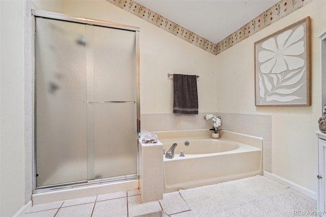 10525 Hobbit Ln, Westminster, CO 80031 - bathroom featuring a garden tub, a shower stall, tile patterned floors, and vanity