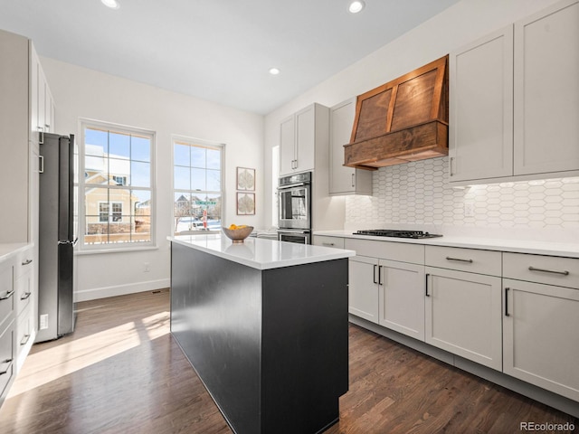 kitchen featuring tasteful backsplash, premium range hood, a kitchen island, dark hardwood / wood-style flooring, and stainless steel appliances