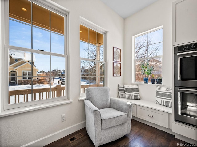 sitting room featuring a wealth of natural light and dark hardwood / wood-style floors