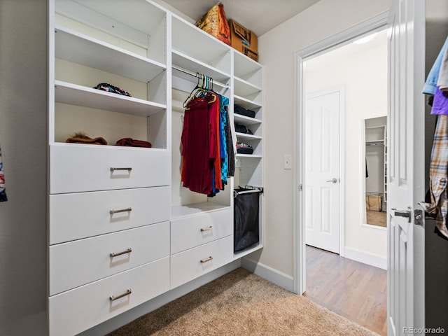 walk in closet with light colored carpet