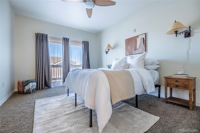 carpeted bedroom featuring ceiling fan and access to exterior