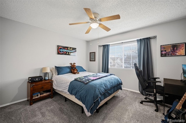 carpeted bedroom featuring a textured ceiling, ceiling fan, and baseboards