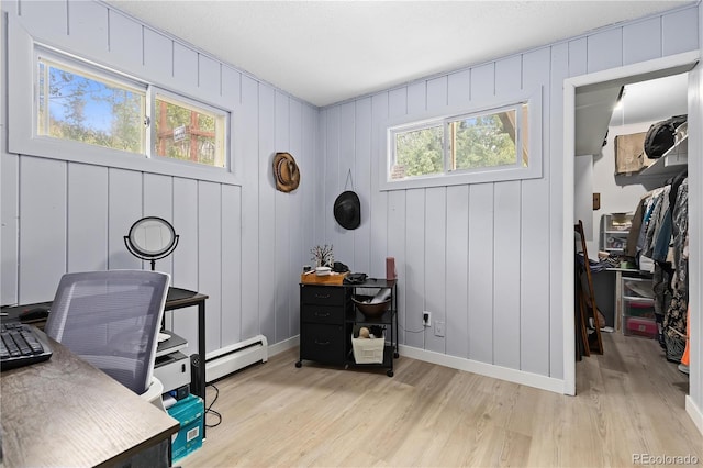 office space featuring light hardwood / wood-style floors, a baseboard radiator, and wood walls