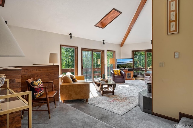 2246 Gcr 8, Fraser, CO 80442 - carpeted living area featuring beam ceiling, a skylight, and high vaulted ceiling