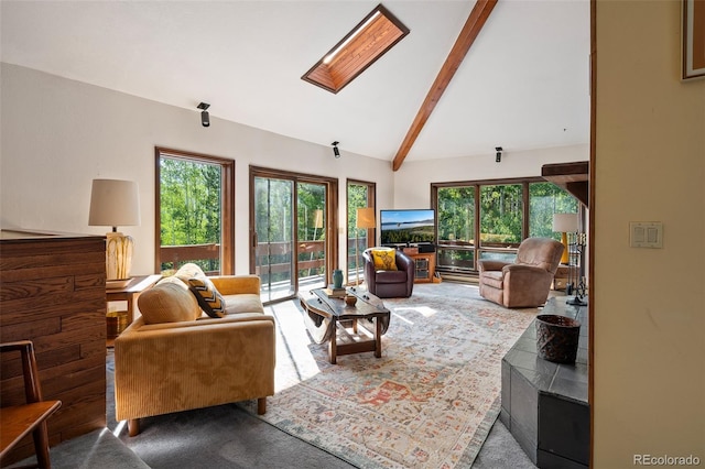 2246 Gcr 8, Fraser, CO 80442 - carpeted living room with beam ceiling, healthy amount of natural light, high vaulted ceiling, and a skylight