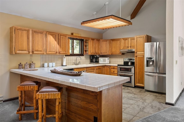 2246 Gcr 8, Fraser, CO 80442 - kitchen featuring stainless steel appliances, under cabinet range hood, a peninsula, vaulted ceiling, and tasteful backsplash