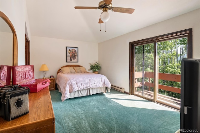 2246 Gcr 8, Fraser, CO 80442 - bedroom featuring baseboard heating, access to exterior, carpet flooring, lofted ceiling, and ceiling fan
