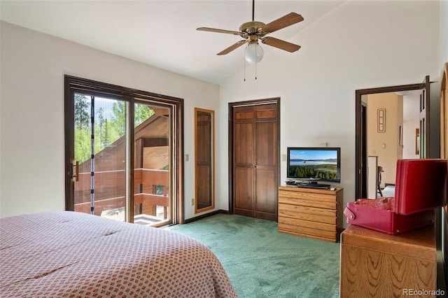 2246 Gcr 8, Fraser, CO 80442 - bedroom with carpet flooring, access to outside, high vaulted ceiling, and a ceiling fan