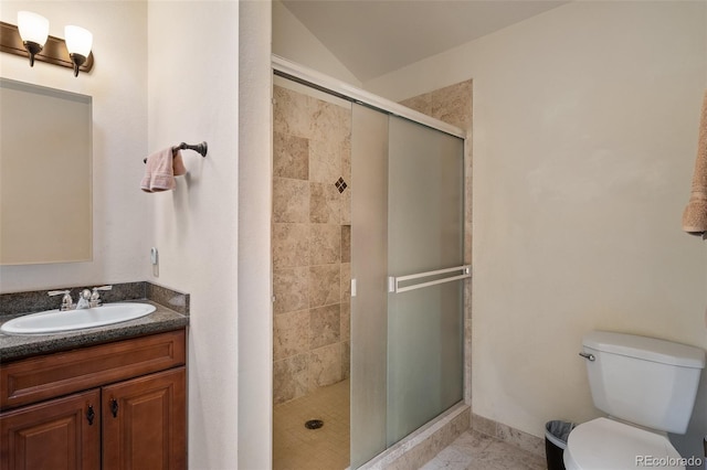 2246 Gcr 8, Fraser, CO 80442 - full bath with a shower stall, vanity, lofted ceiling, and tile patterned floors