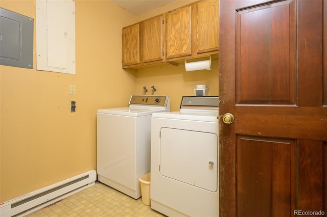 2246 Gcr 8, Fraser, CO 80442 - washroom featuring a baseboard heating unit, electric panel, cabinet space, and washing machine and dryer
