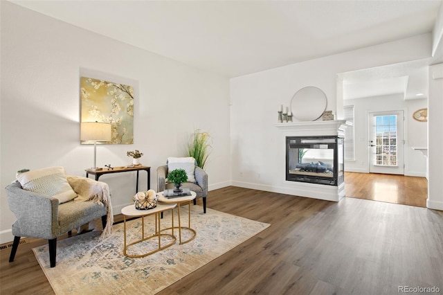 sitting room featuring a multi sided fireplace and dark hardwood / wood-style floors