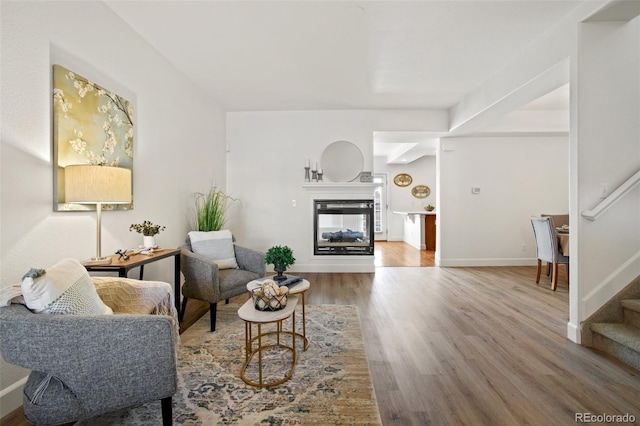 living room featuring hardwood / wood-style floors and a multi sided fireplace