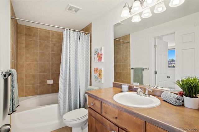 full bathroom featuring vanity, shower / bath combination with curtain, and toilet