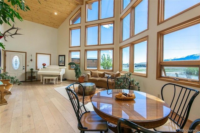 426 S San Juan Ave, Buena Vista, CO 81211 - dining room featuring high vaulted ceiling, light wood-style flooring, wood ceiling, and recessed lighting