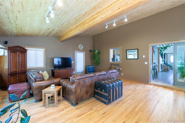 426 S San Juan Ave, Buena Vista, CO 81211 - living room featuring track lighting, light wood finished floors, vaulted ceiling, wood ceiling, and baseboards