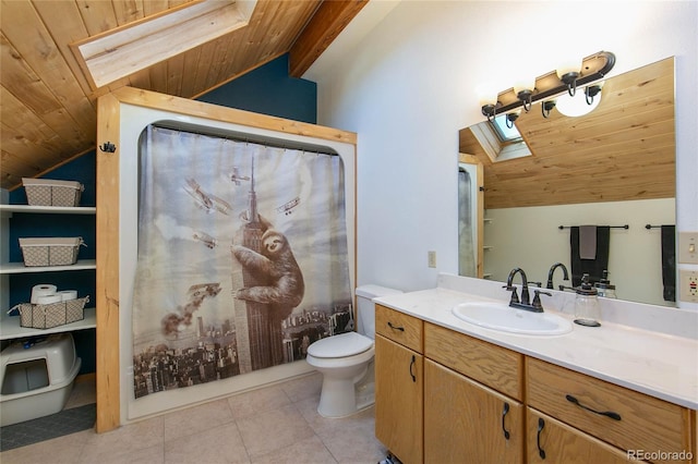 426 S San Juan Ave, Buena Vista, CO 81211 - bathroom featuring a skylight, vaulted ceiling, toilet, wood ceiling, and vanity