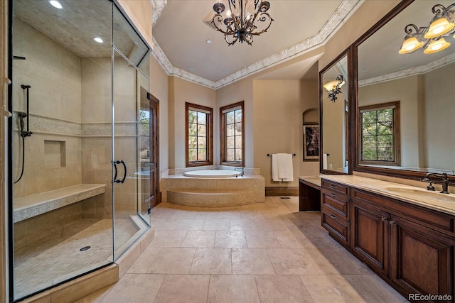 bathroom featuring a garden tub, crown molding, a notable chandelier, and a stall shower